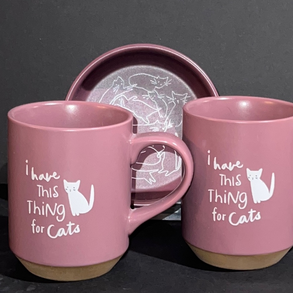 artfully playful stoneware “i have This Thing for cats” mugs-art on both sides